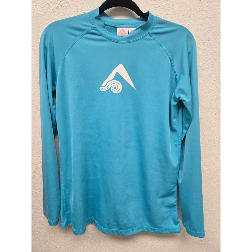 Kanu Surf Rash Guard Swim Shirt Mens‎ Large Turquoise Blue Graphic Long Sleeve